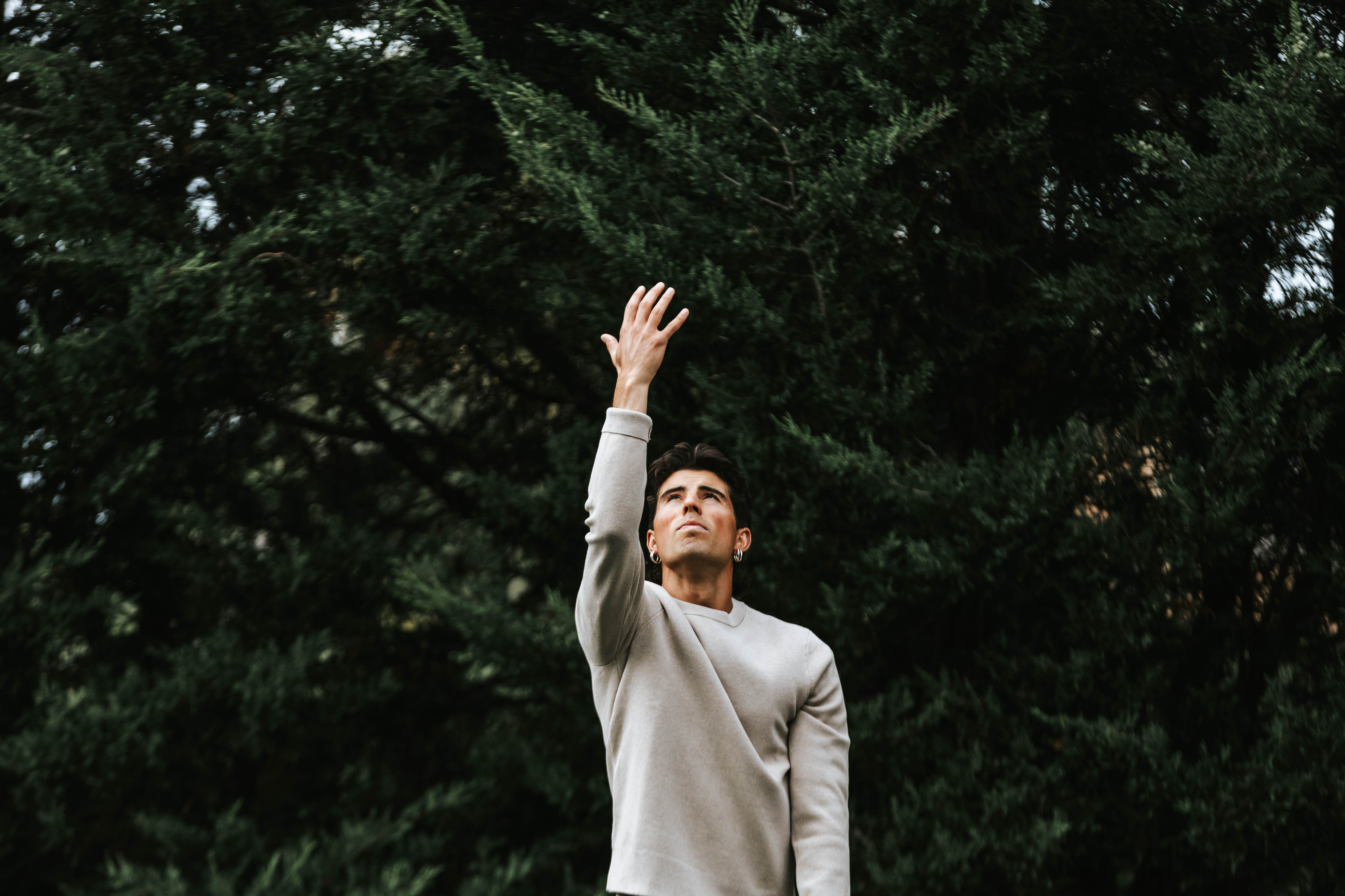 Tristan reaching upward toward the trees